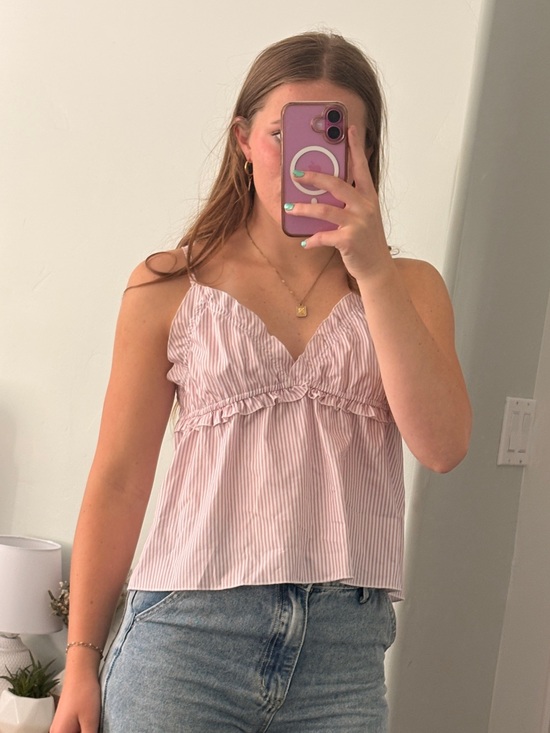 Tops - Pink Striped Spaghetti Strap Ruffle Cami Top